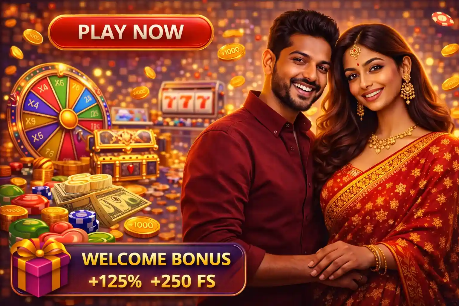 Smiling couple in traditional attire inviting players to play casino games online with a play now button